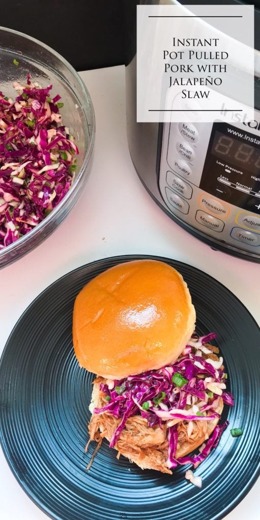 The Instant Pot turns the pork roast into juicy pulled pork far faster than the alternative options. The slightly spicy and crunchy Jalapeño Slaw perfectly pairs with the juiciness and sweetness of the barbecue pulled pork. The recipe includes slow cooker instructions. Recipe at KathleensCravings.Com. #InstantPot #InstantPotPulledPork #JalapenoSlaw #SummerEats #CookoutFood #CrowdPleasingFood #Sliders #SlowCooker