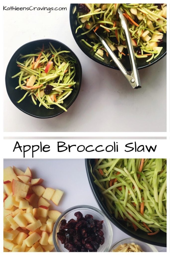 Mayo free this slaw is easy to toss together. The Apple Cider Vinaigrette adds the perfect sweet tang to bring everything together. Perfect use for store bought Broccoli Slaw mix - just add apples, dried cranberries, and some nuts. Just add a protein and you've got yourself a full, fresh, and healthy meal. Recipe at KathleensCravings.com