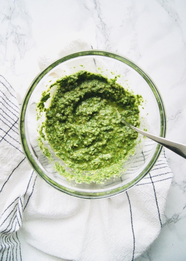 Easy Pesto to whip up - just lots of fresh parsley, lemon, pine nuts, olive oil, and salt and pepper. Serve with hot or cold pasta, spoon over chicken or fish, the options are endless. Recipe at KathleensCravings.com #pestorecipe #parsley #pastasalad #summerpasta