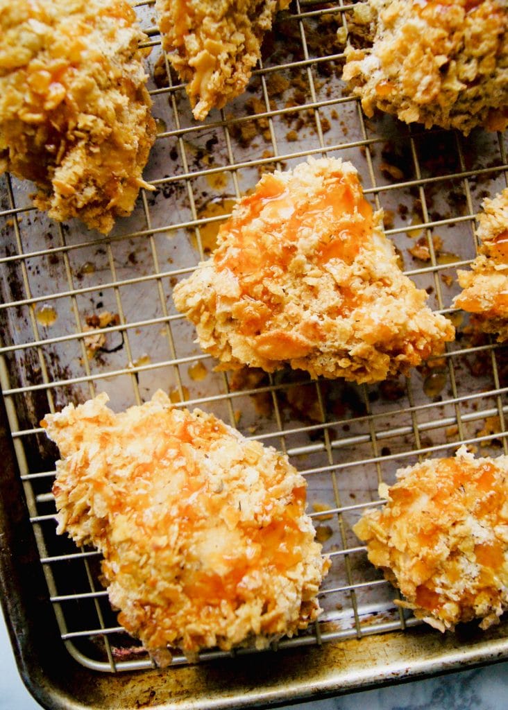 Oven fried chicken with hot honey drizzled