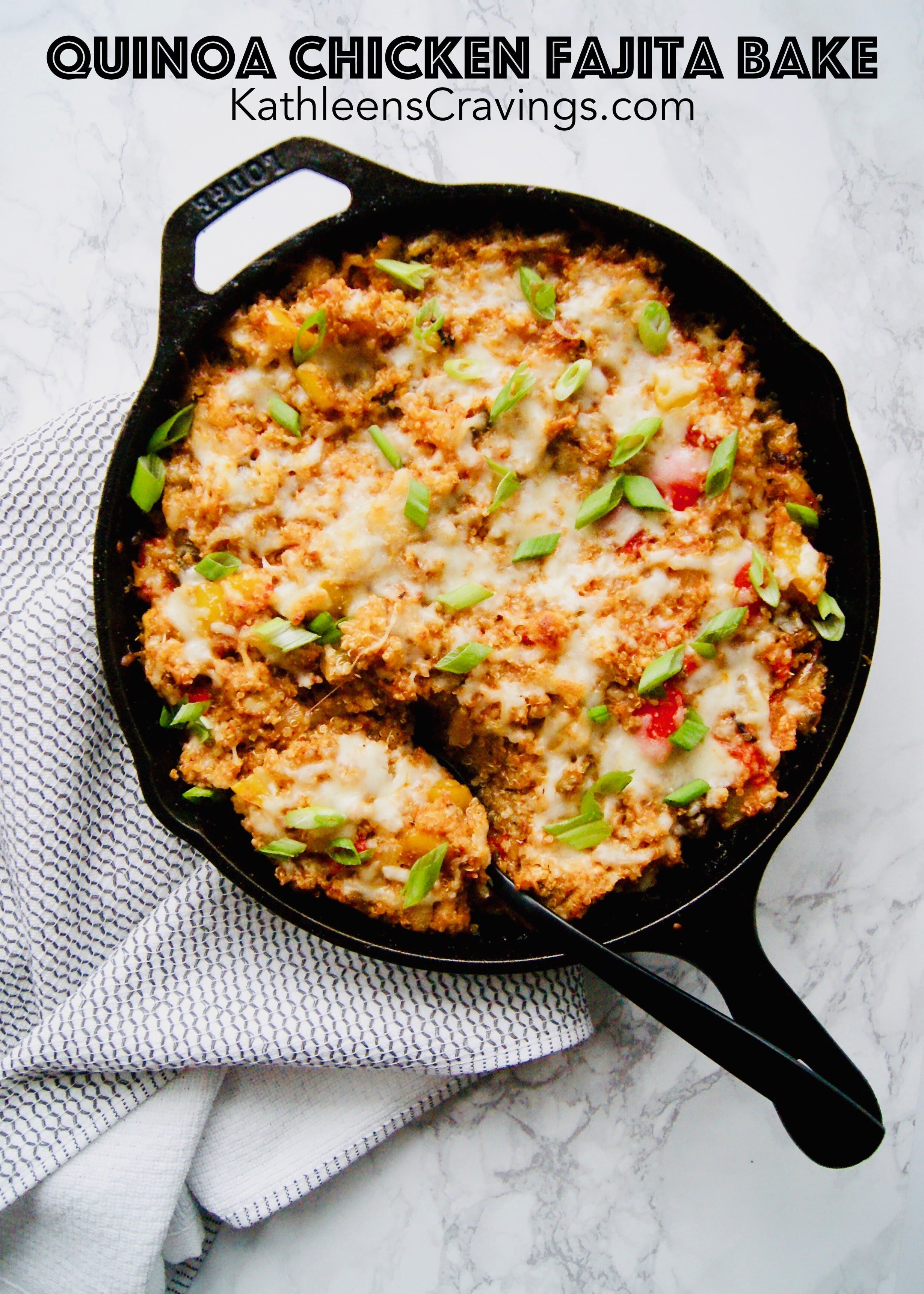 fajita quinoa chicken bake in a cast iron skillet with text