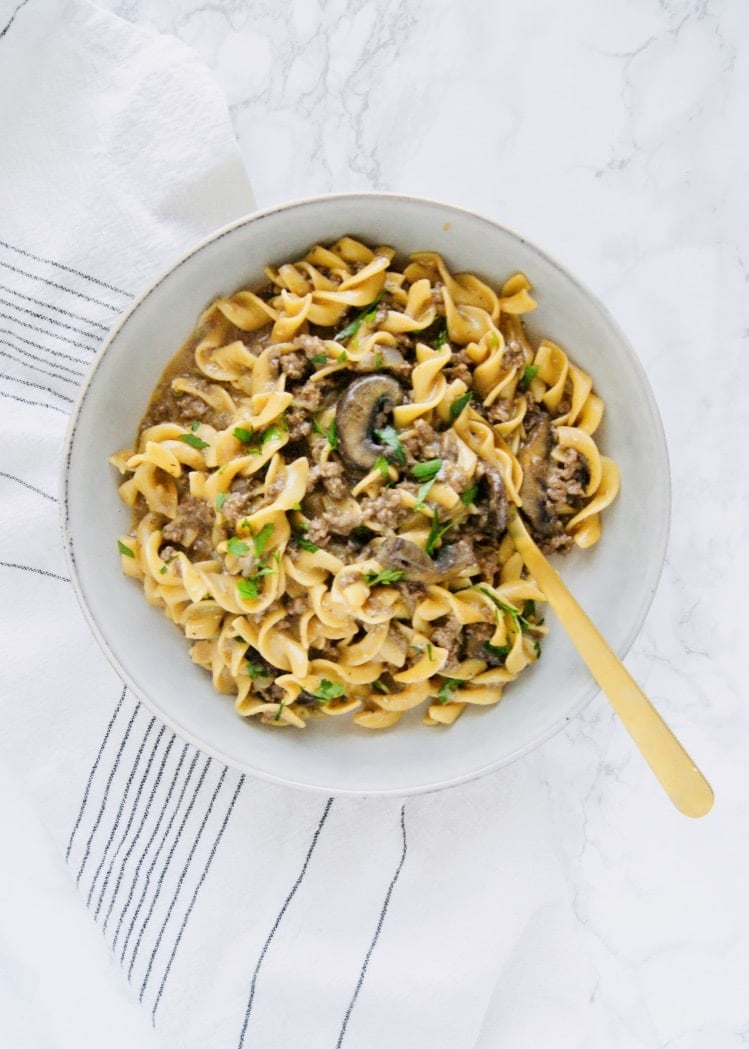 Beef Stroganoff in a bowl with a fork