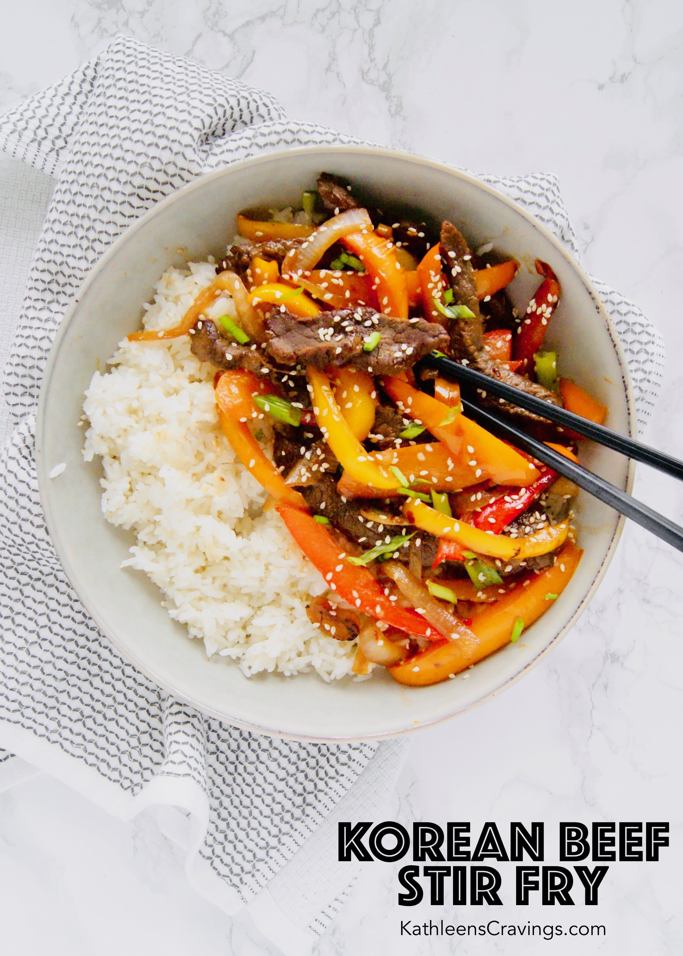 Korean stir fried beef, peppers and onions with white rice