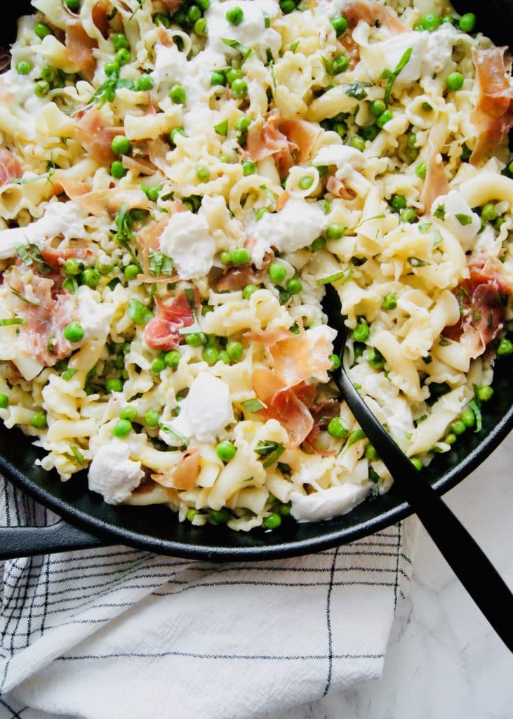 Proscuitto Burrata Pasta in skillet with serving spoon