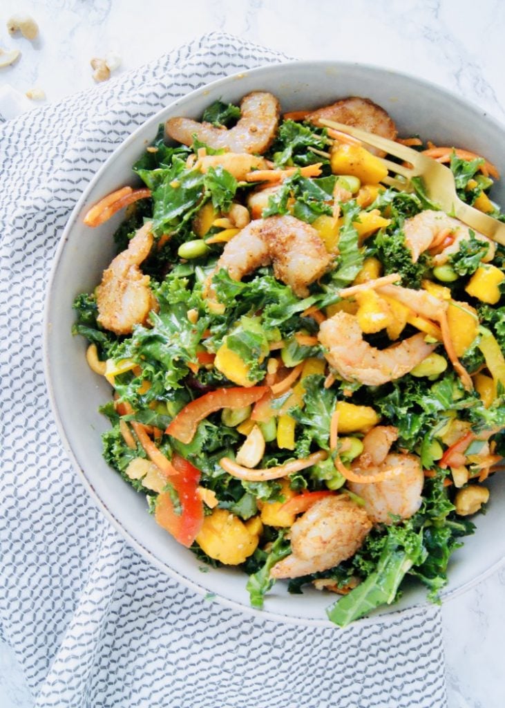 Roasted Shrimp Thai Kale Salad in a serving bowl