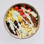Healthy Taco Pasta Salad is simple to make, minimal prep, and filling for the whole family! This Creamy Pasta Salad has a healthy twist. Tossed with a greek yogurt based avocado cilantro dressing. Recipe at KathleensCravings.com #KathleensCravings #pastasalad #tacosalad #healthypastasalad #healthytaco #creamypastasalad