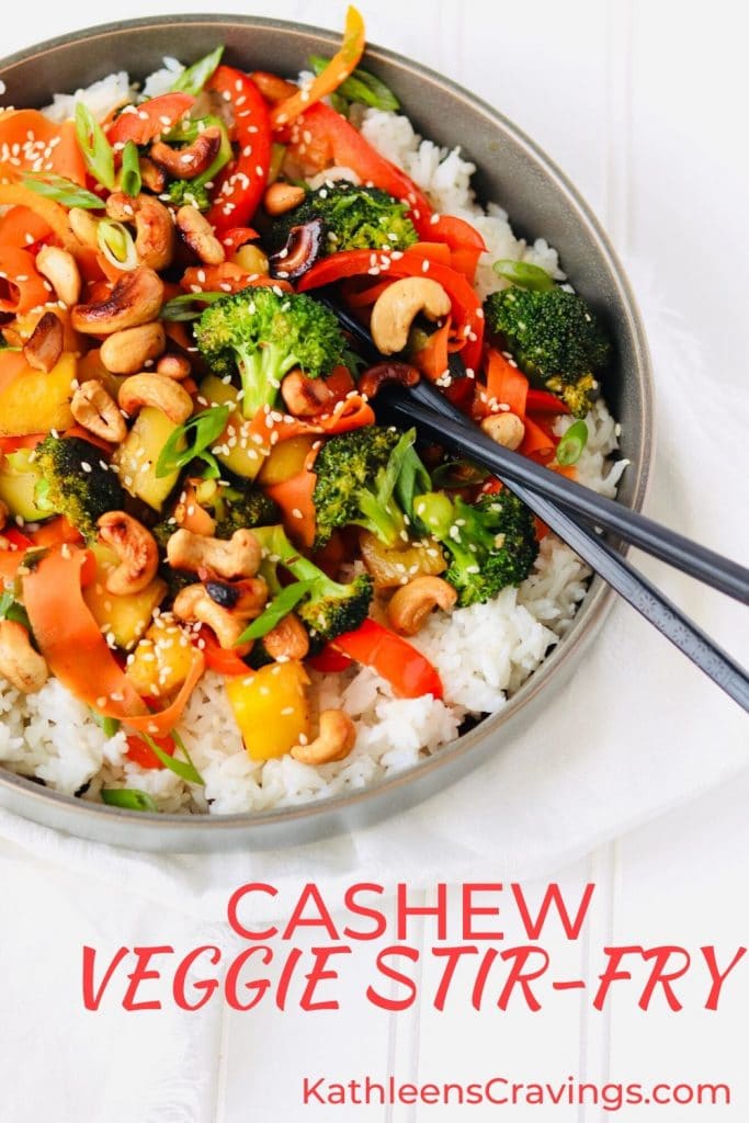 Cashew Veggie Stir-Fry in bowl with chopsticks text