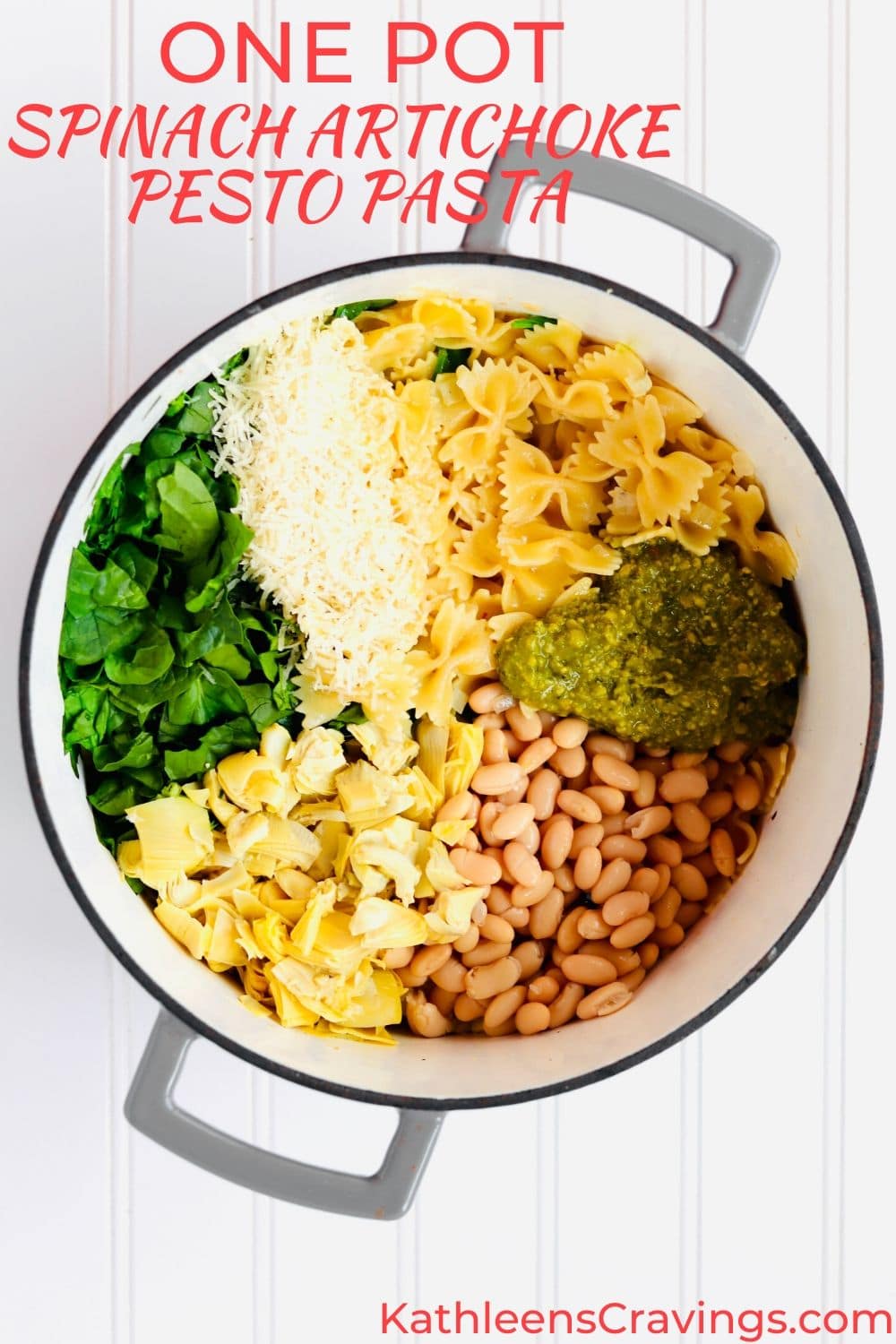 One Pot Spinach Artichoke Pesto Pasta ingredients with text