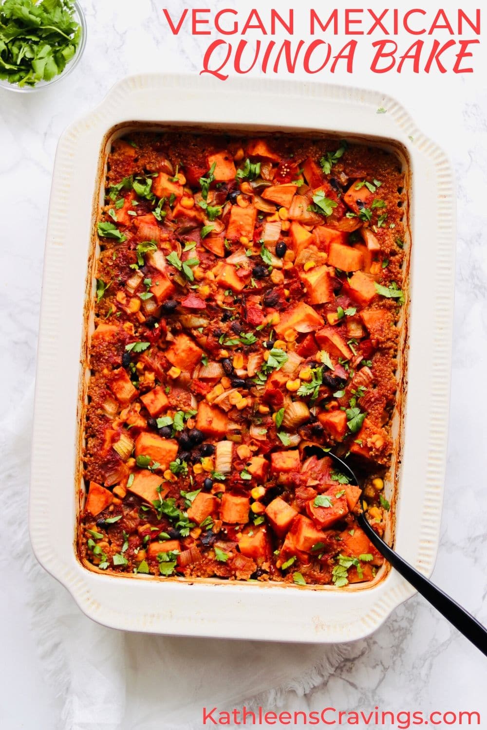 Vegan Mexican Quinoa Bake in casserole dish with text overlay