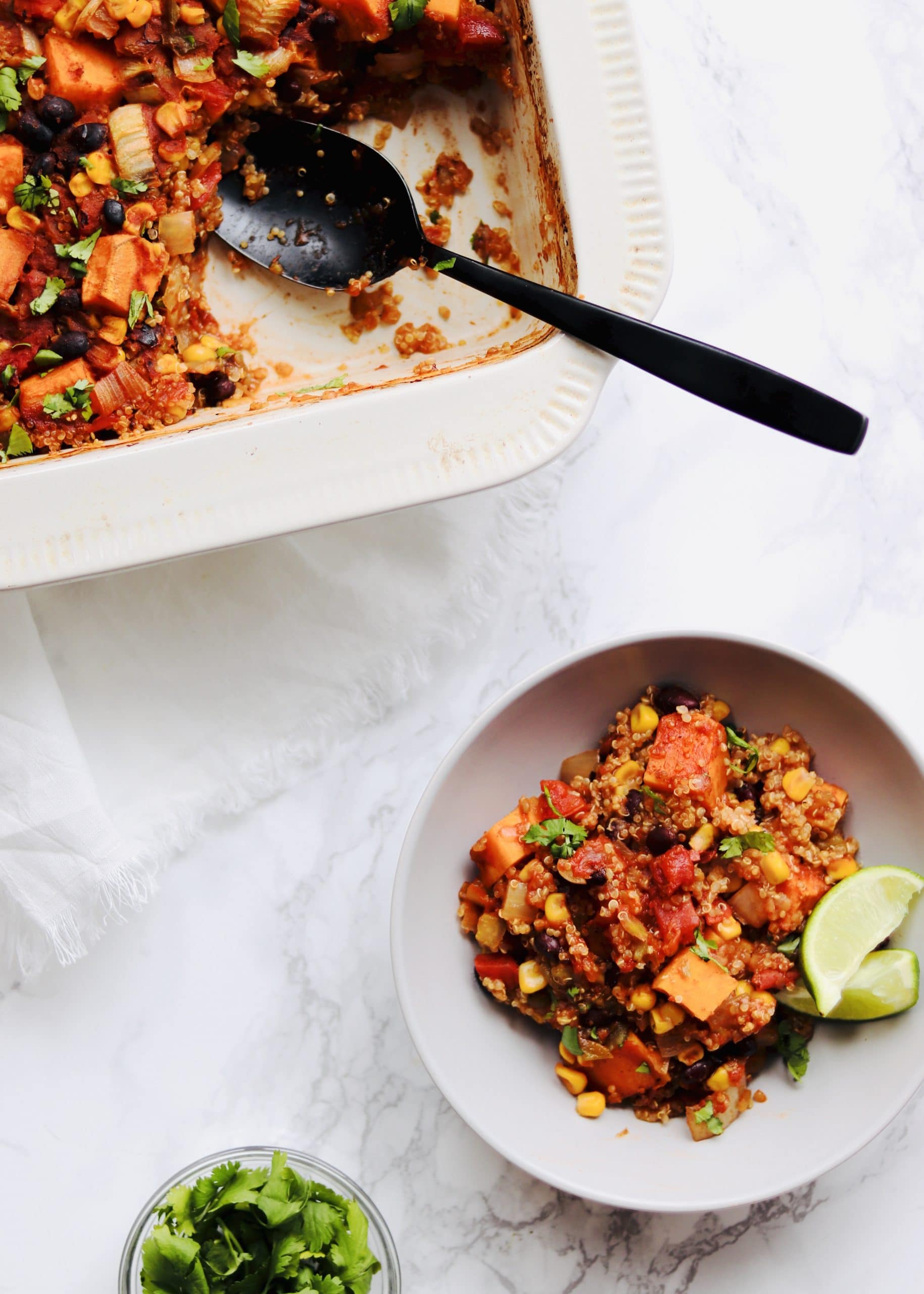 Vegan mexican quinoa bake in bowl and dish