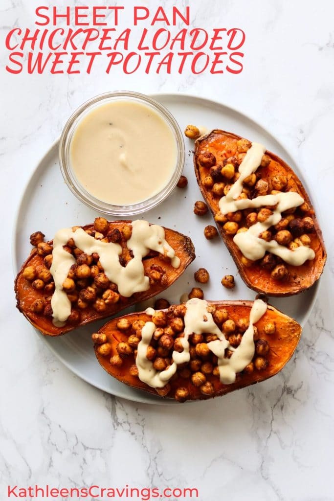 Sheet Pan Chickpea Loaded Sweet Potatoes with text overlay