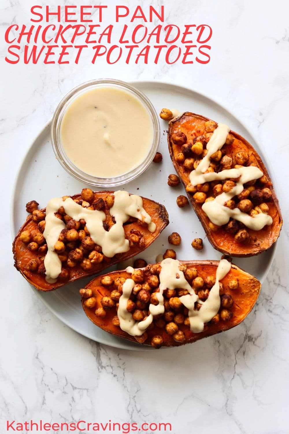 Sheet Pan Chickpea Loaded Sweet Potatoes with text overlay