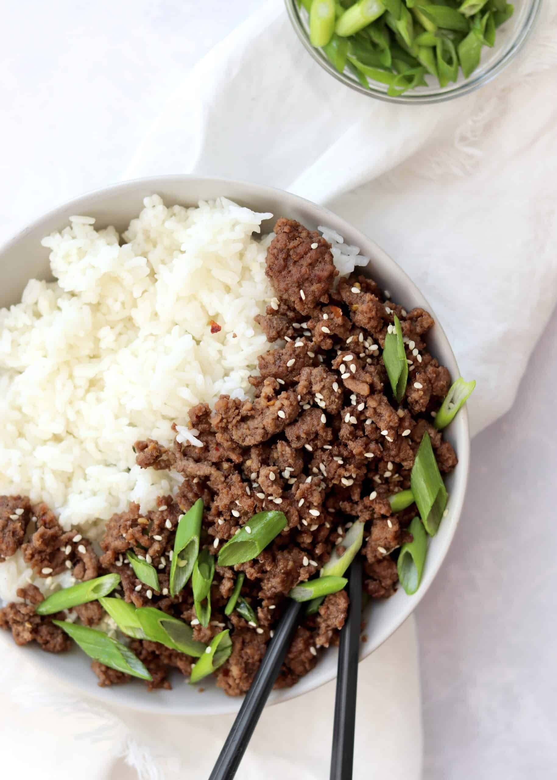Korean Ground Beef Rice Bowl with chopsticks