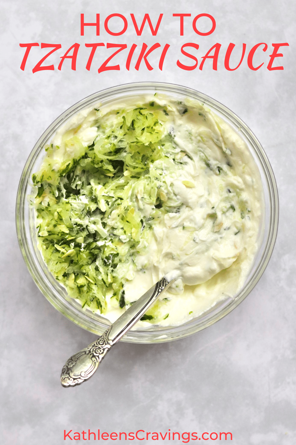 Bowl of tzatziki sauce with grated cucumber and text overlay