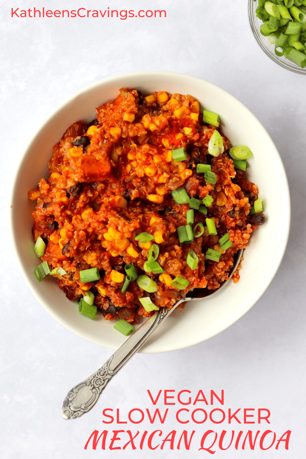 Bowl of Mexican quinoa with text overlay