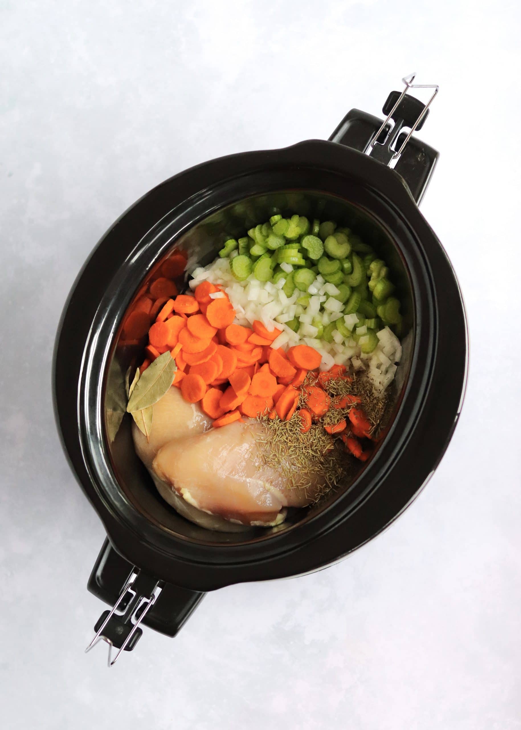 Carrots, celery, onion, chicken breasts and spices in slow cooker.