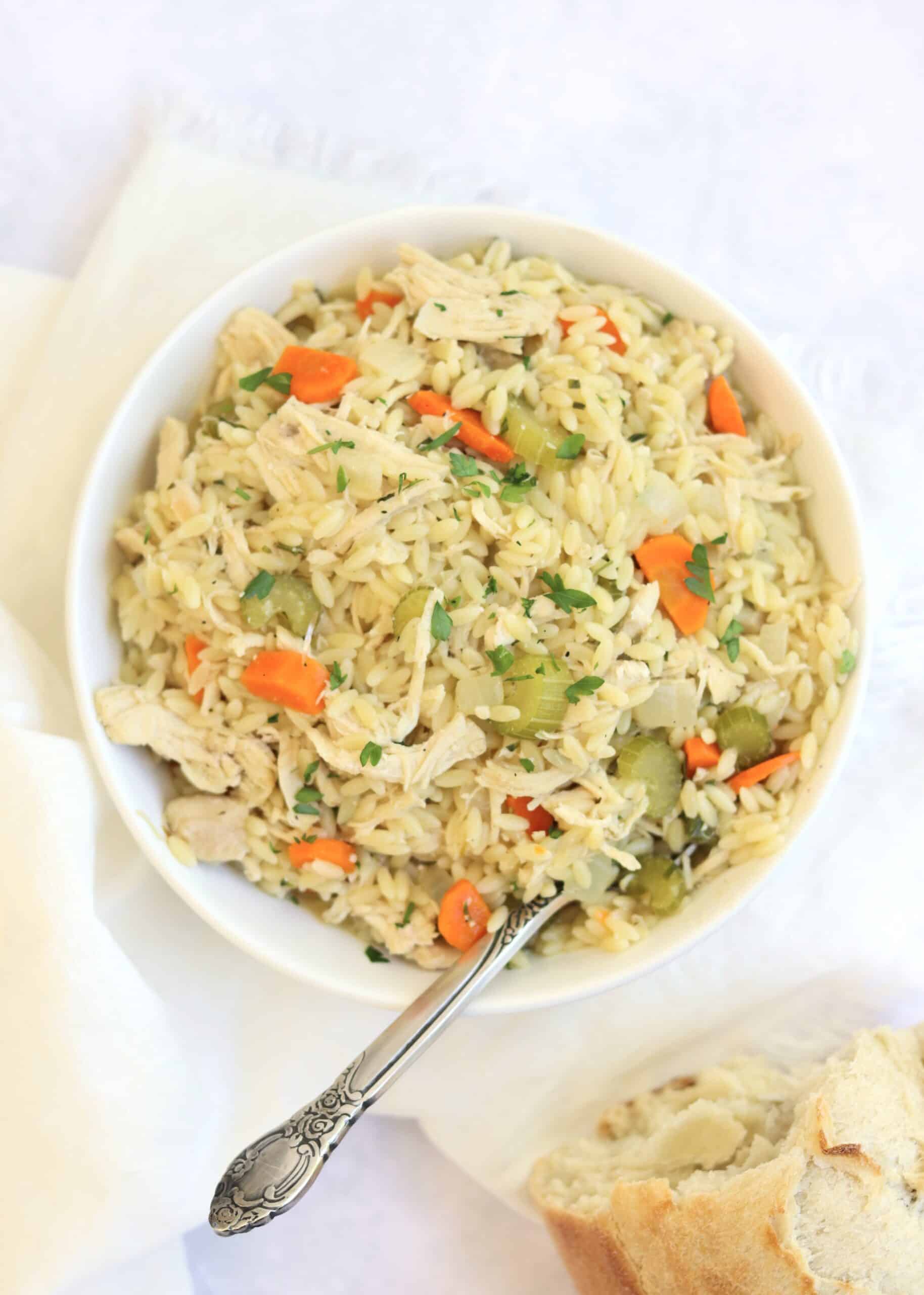 One Pot chicken orzo in a bowl
