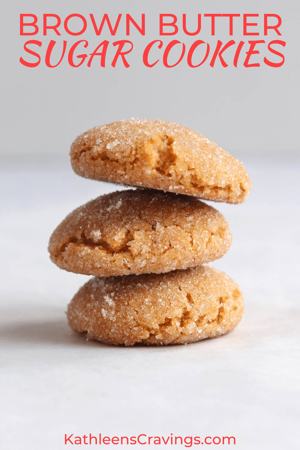 Stack of brown butter sugar cookies with text overlay