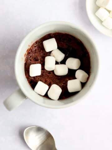 Hot chocolate mug cake with mini marshmallows