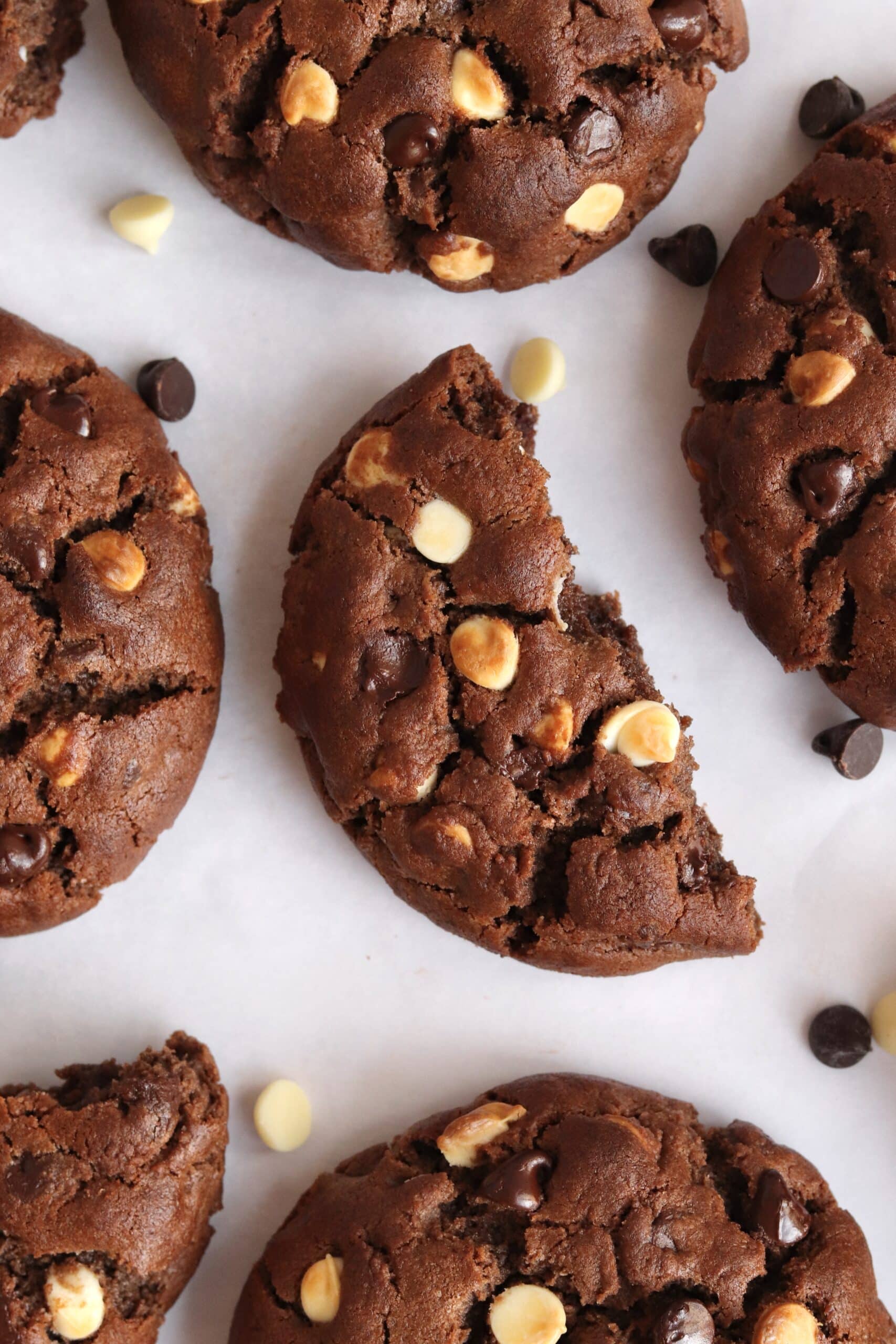 Triple chocolate cookies with scattered chocolate chips
