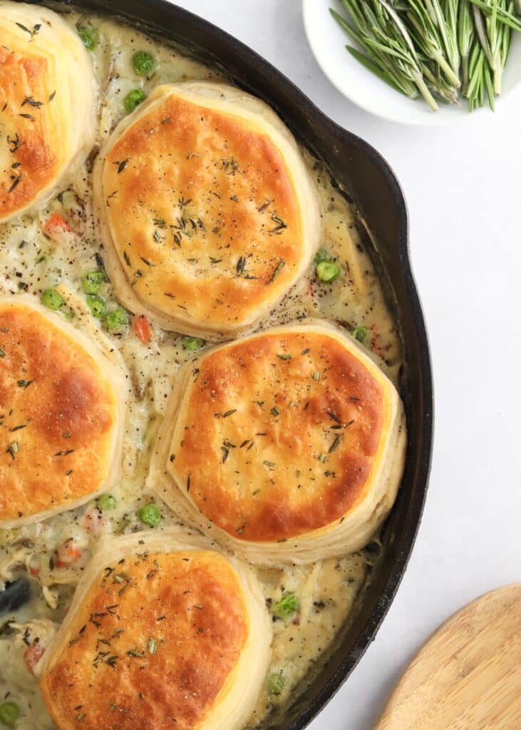 Close up of leftover turkey pot pie with biscuits