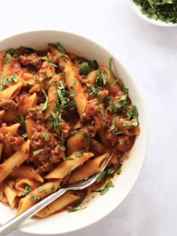 Pasta with meat sauce in a bowl