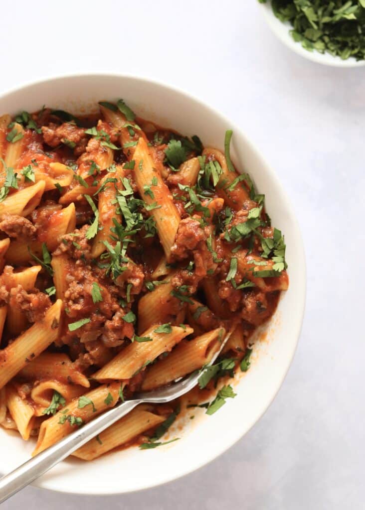 Bowl of penne pasta with meat sauce