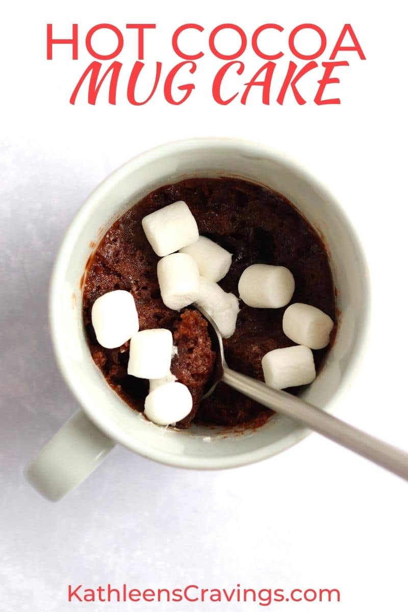 microwave hot chocolate mug cake topped with mini marshmallows