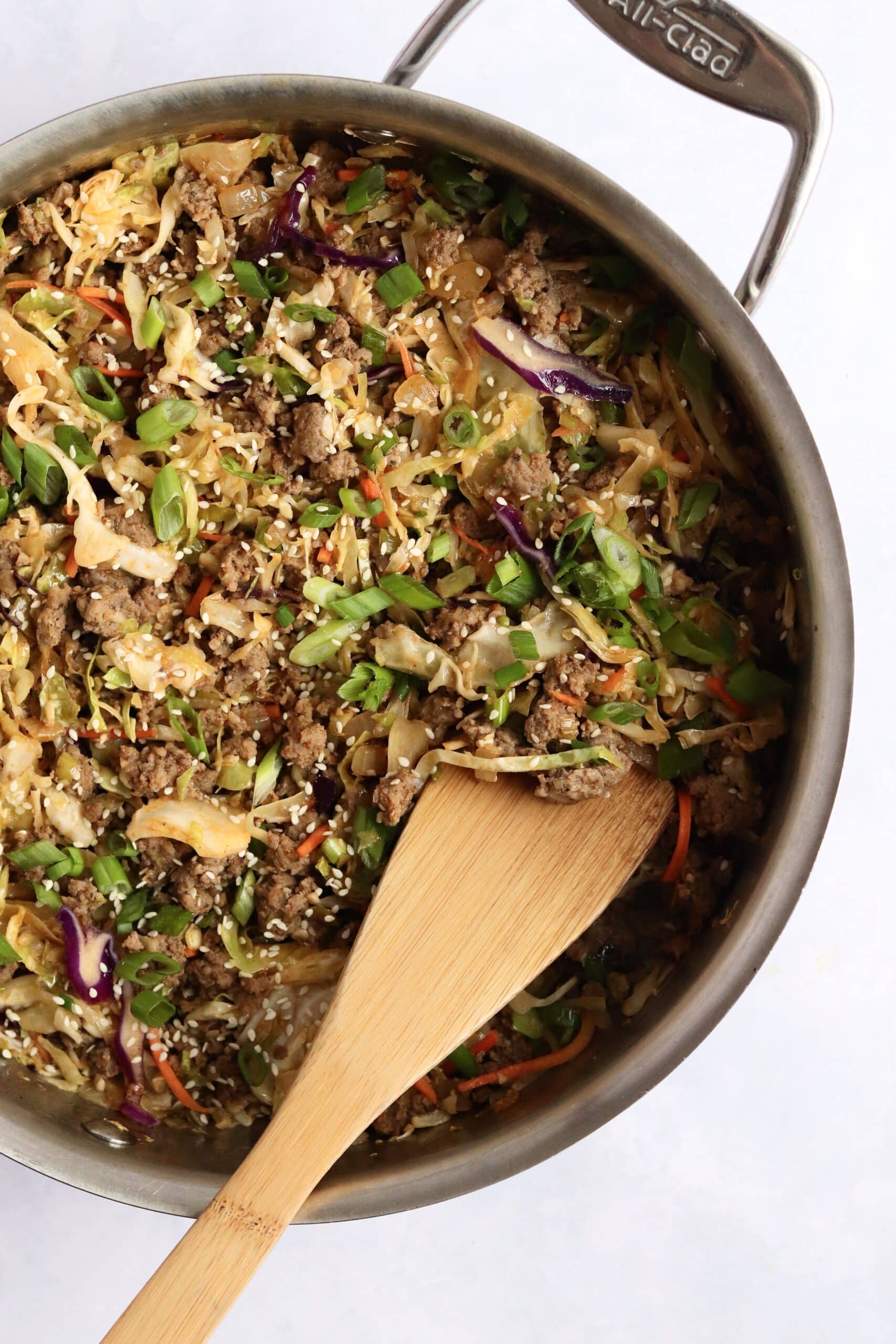 Pork egg roll bowl in a large pan