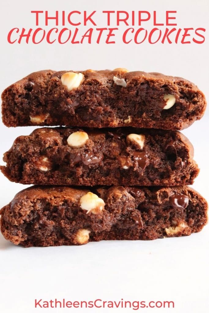 Stack of thick, giant, triple chocolate cookies