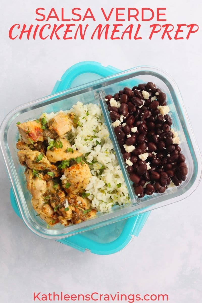 Salsa verde chicken and rice in a meal prep container