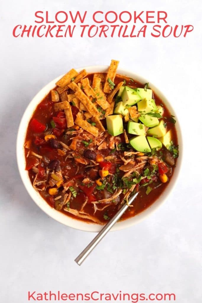 Chicken tortilla soup in a bowl with toppings