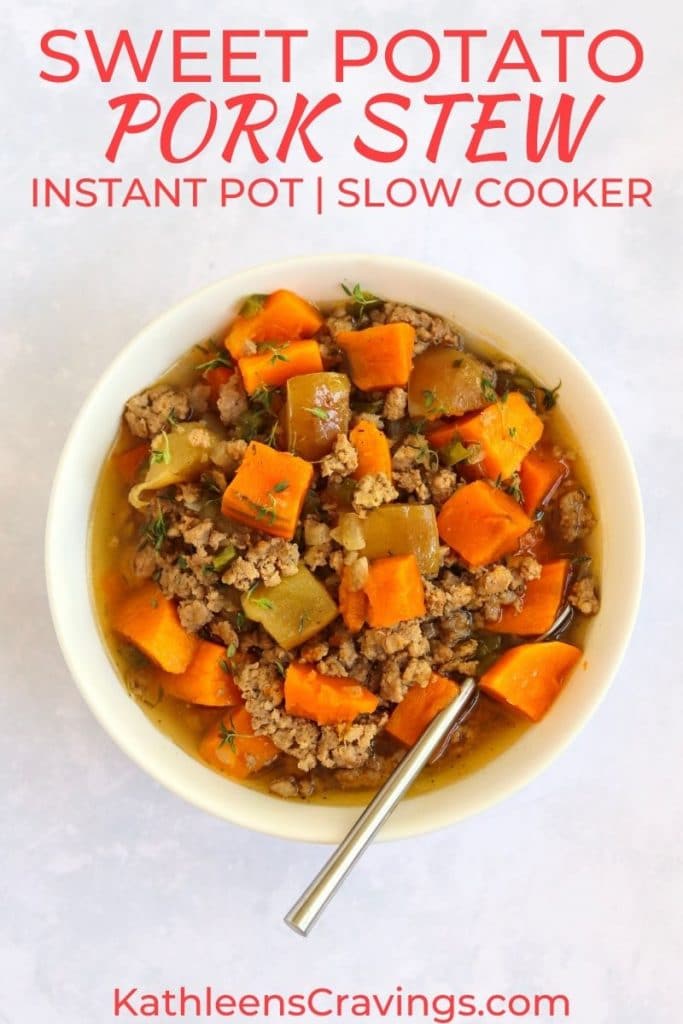 Bowl of sweet potato pork stew that can be made in the instant pot or slow cooker
