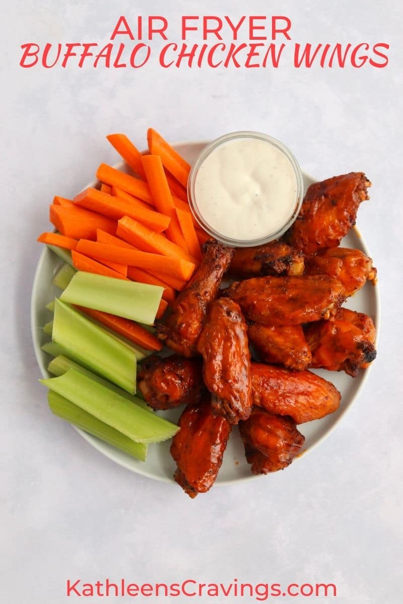 Air fryer buffalo chicken wings with carrots, celery, and ranch dressing