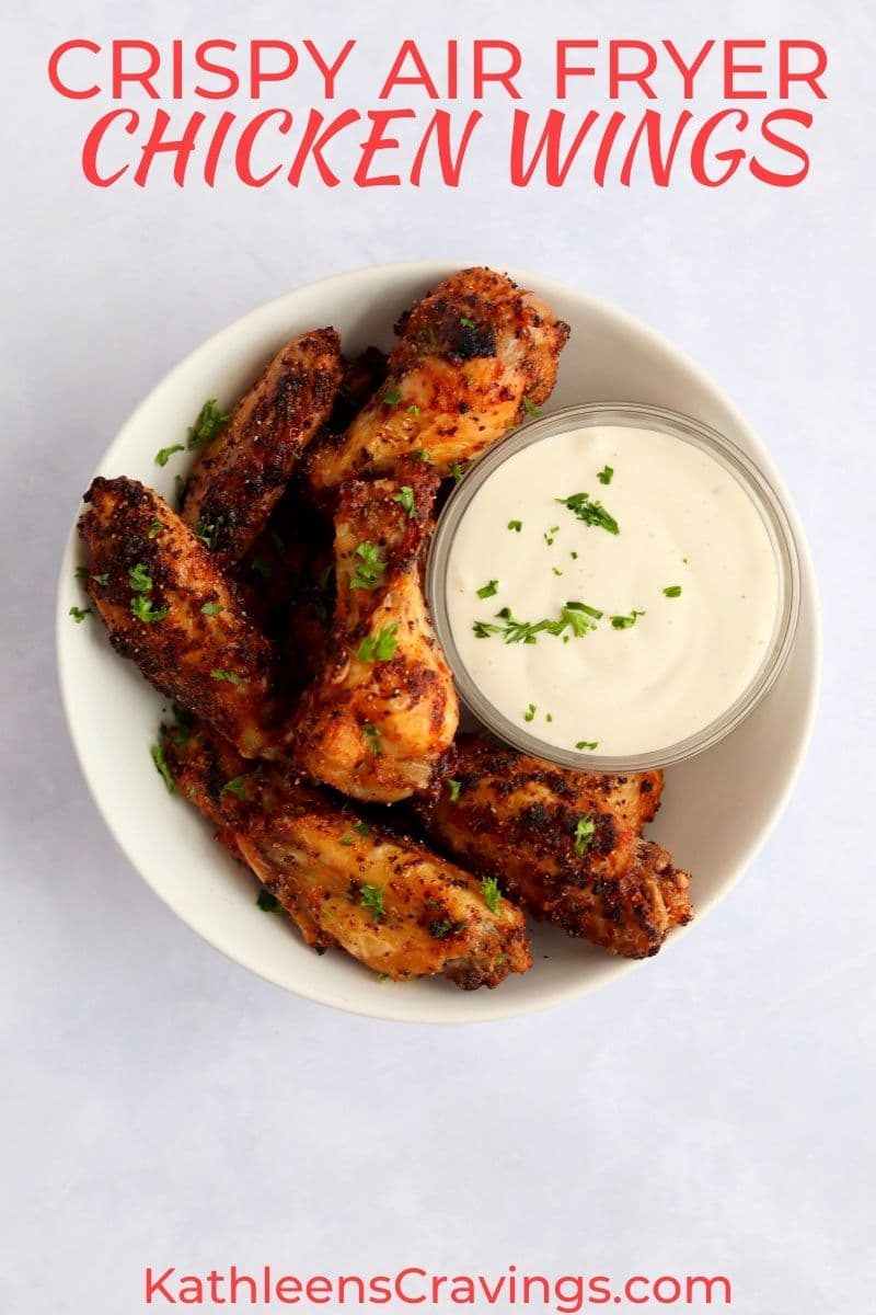 Bowl of crispy air fryer chicken wings with ranch