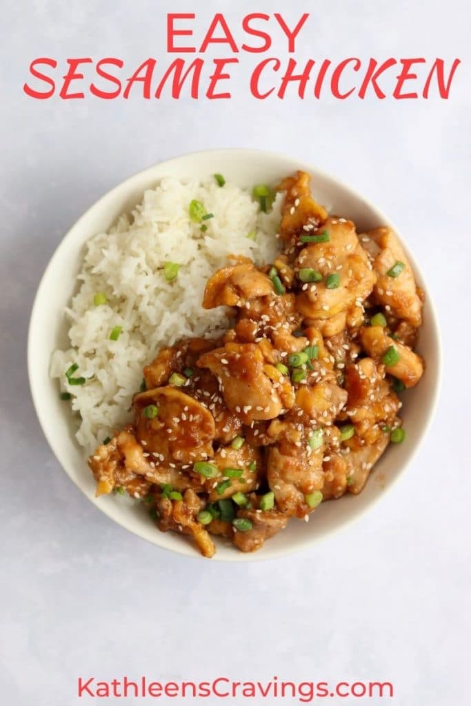 sticky sesame chicken with white rice in a bowl