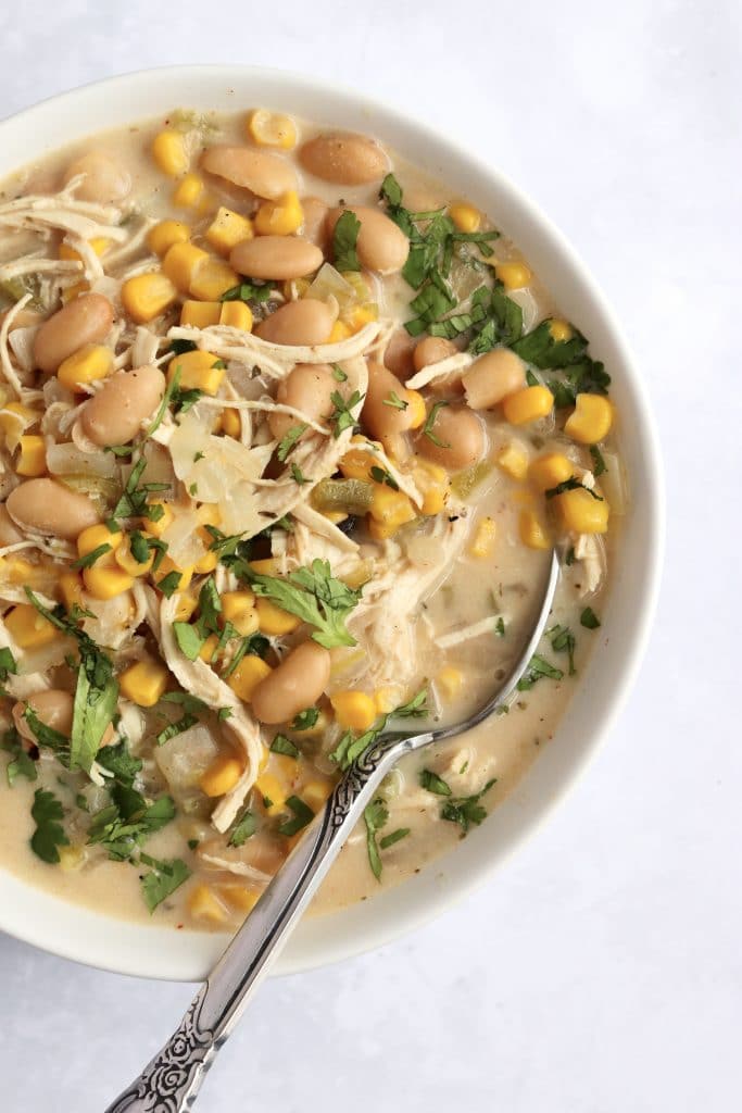 Bowl of slow cooker white chicken chili