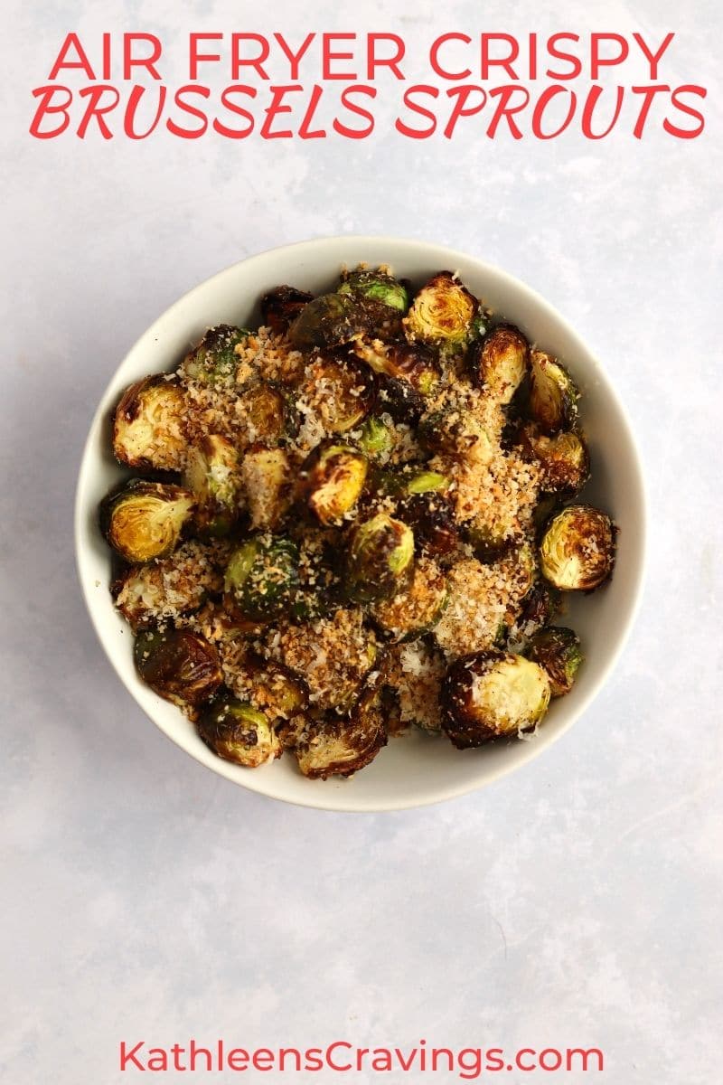 Bowl of air fryer crispy Brussels sprouts with parmesan