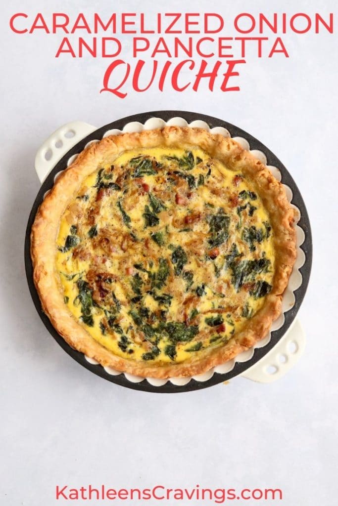 Caramelized onion and pancetta quiche with text overlay
