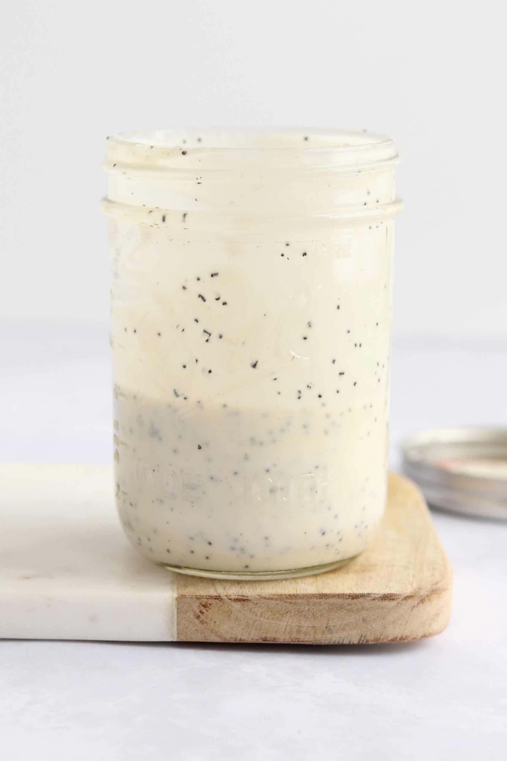 Greek yogurt poppy seed dressing in a mason jar