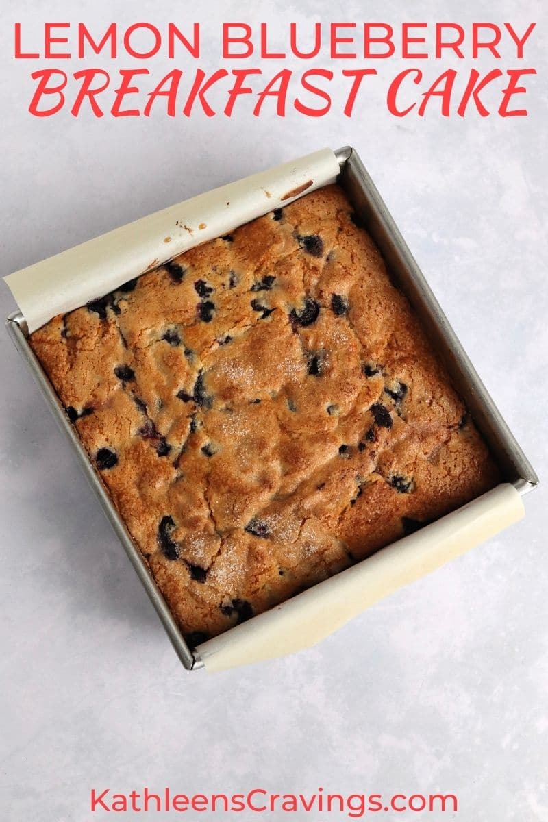 Lemon blueberry breakfast cake in a square pan.