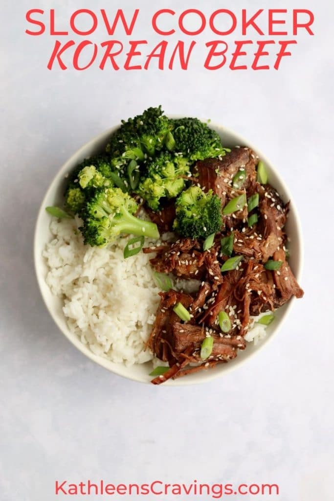 Slow cooker Korean beef in a bowl with rice and broccoli