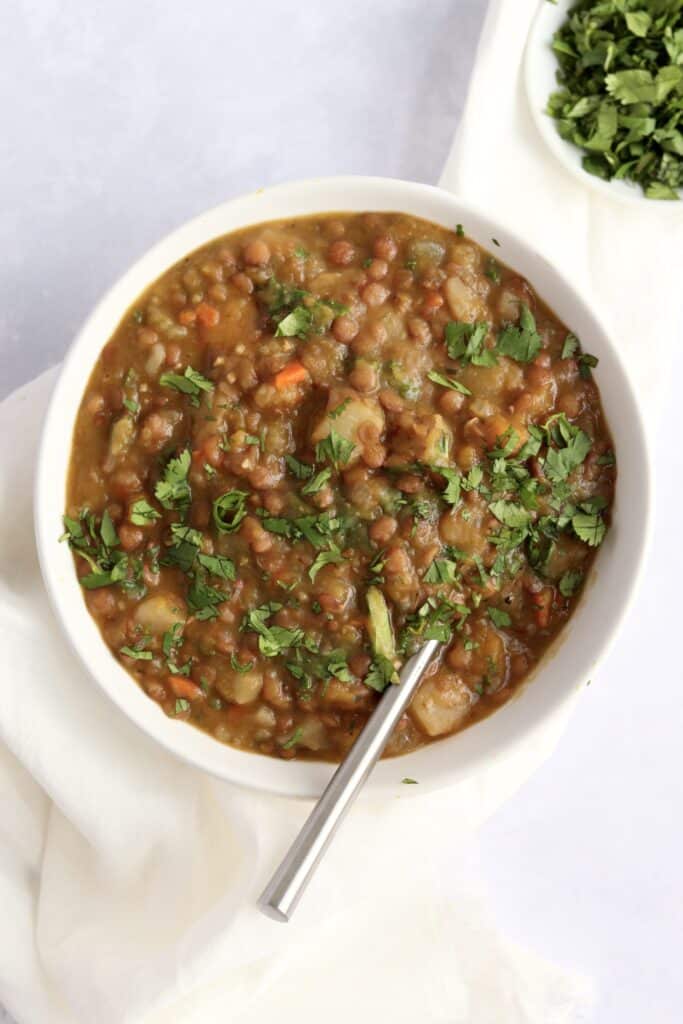 Veggie lentil soup in a bowl