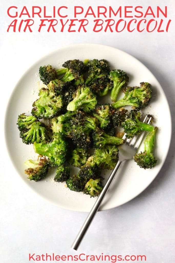 garlic air fryer broccoli on a plate with text