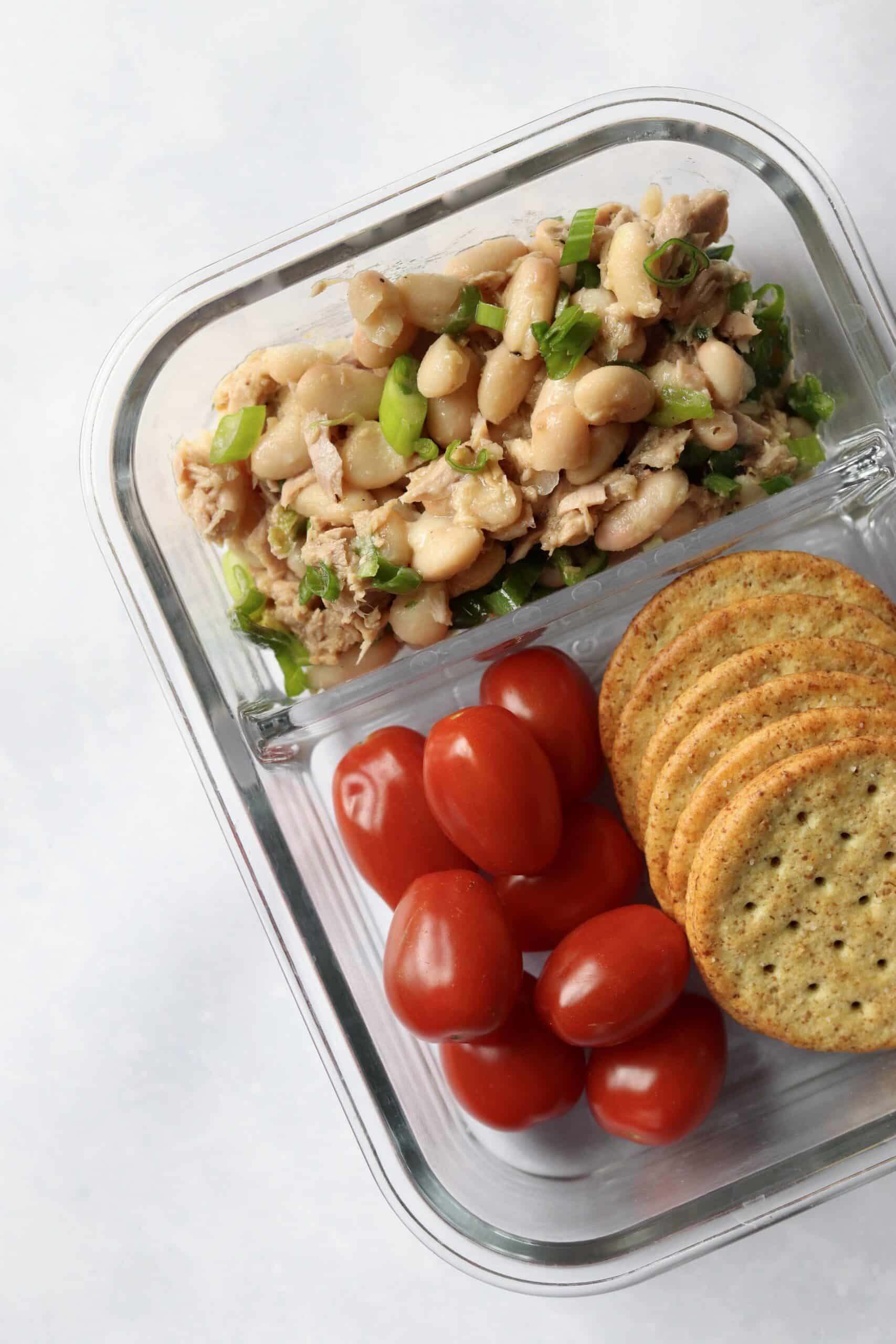 white bean tuna salad meal prep with crackers for lunch