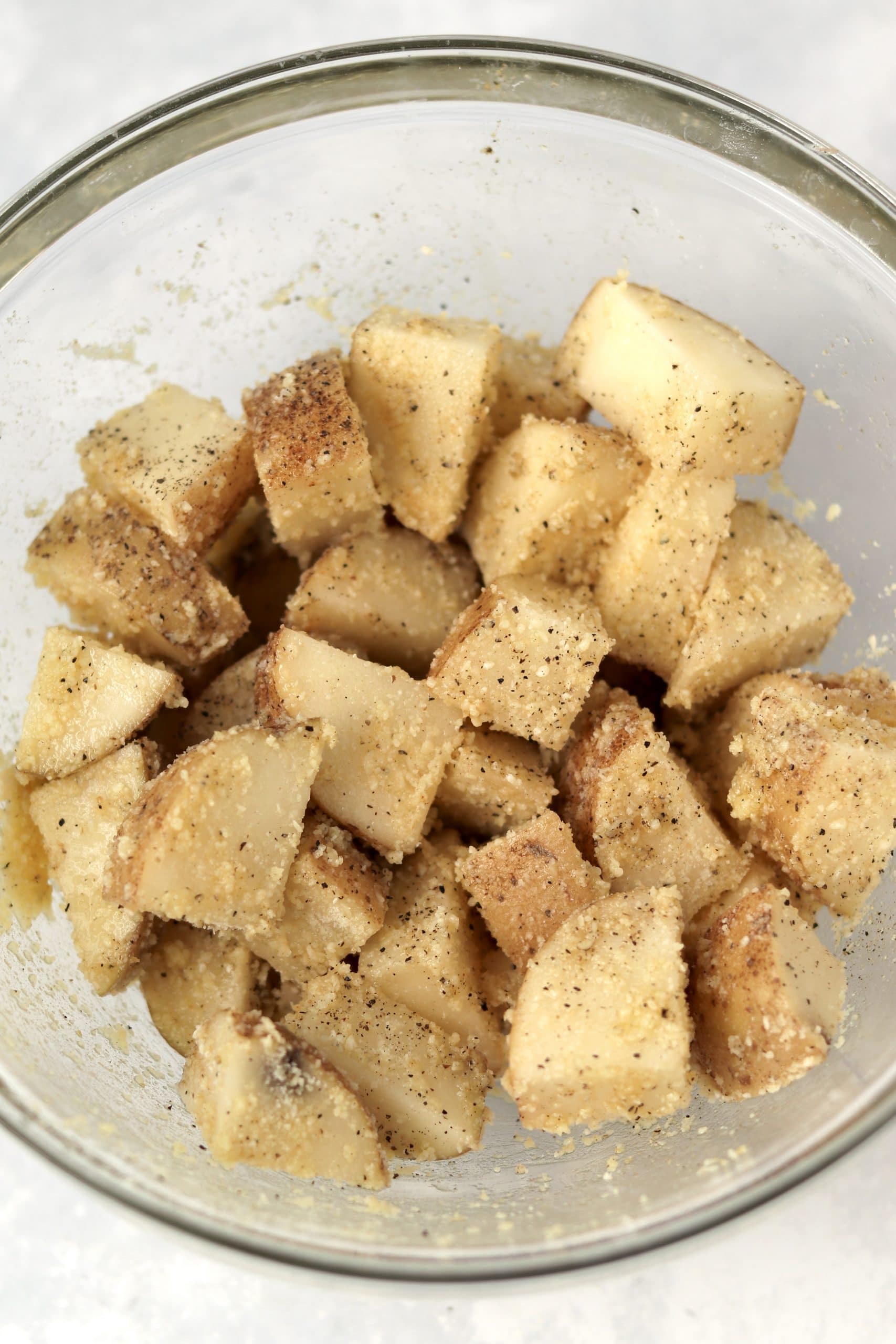 Cubed russet potatoes in bowl