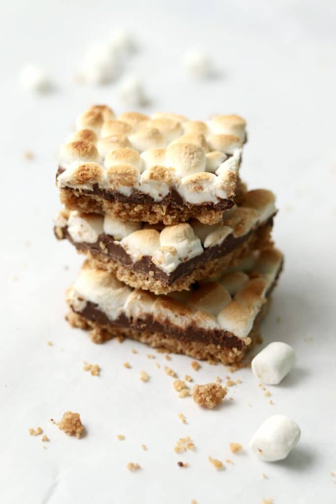 stack of s'mores bars with mini marshmallows