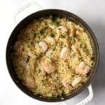 finished lemon shrimp orzo in a dutch oven