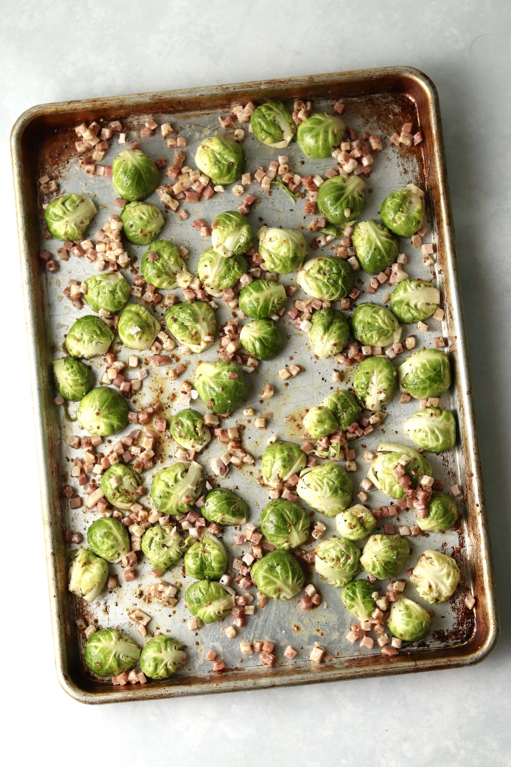 roasted brussels sprouts and pancetta on sheet pan