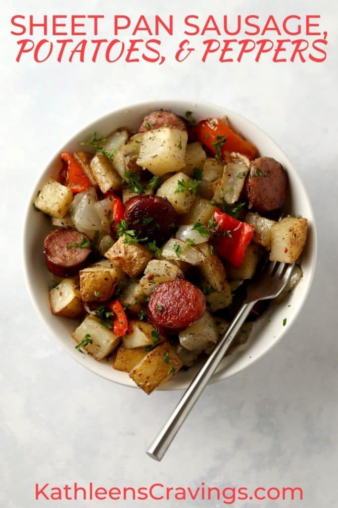 sausage, potatoes, and peppers in a bowl